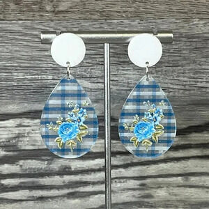 Acrylic Flatback Blue White Floral Spring Dangle Earrings